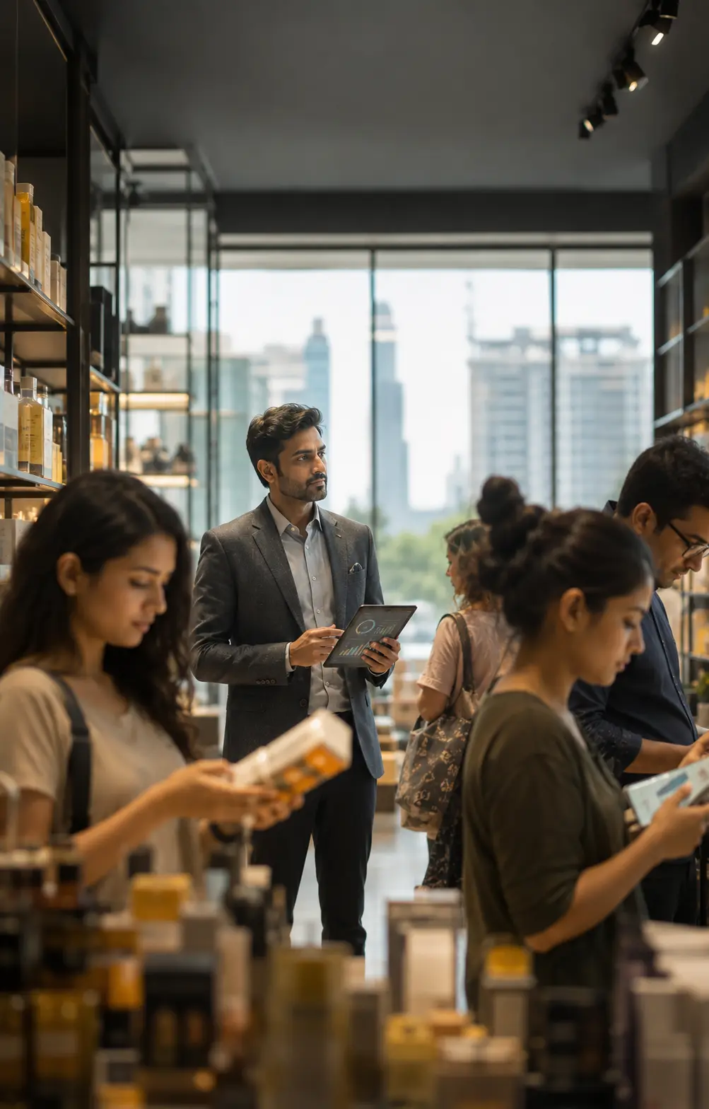Research consultant conducting a consumer interview in a modern setting